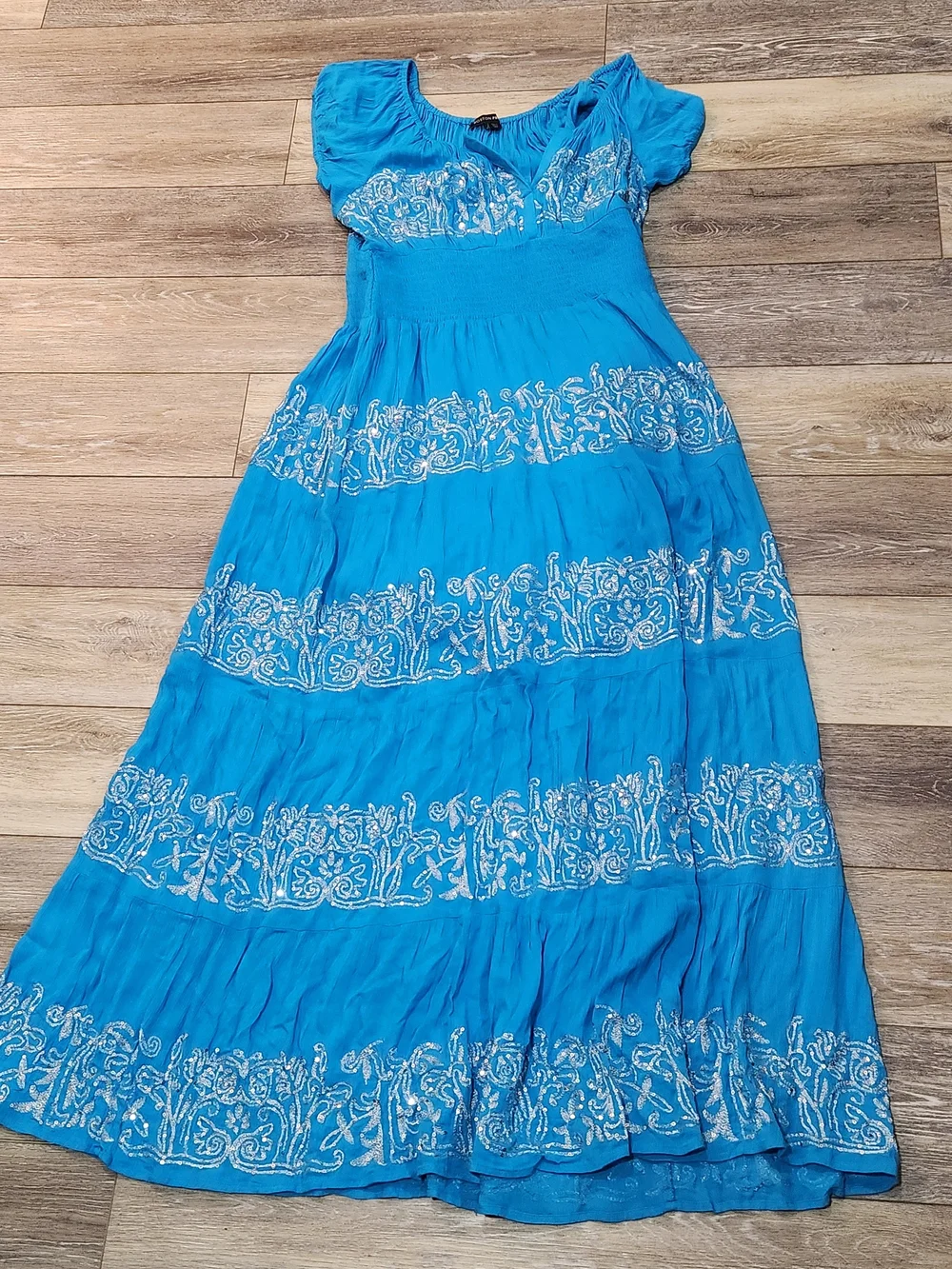 BOSTON PROPER METALLIC EMBROIDERED SEQUINS TIERED PEASANT MAXI DRESS LARGE - Picture 3 of 9